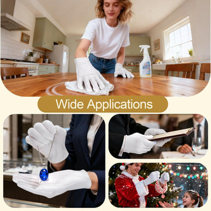FOTKYXH 32-Pack (16 Pairs) Thin White Gloves for Dry Hands Sleeping - Breathable Cotton-Like Polyester with Elastic Cuff for Overnight Moisturizing, Eczema, Spa, Work, Inspection