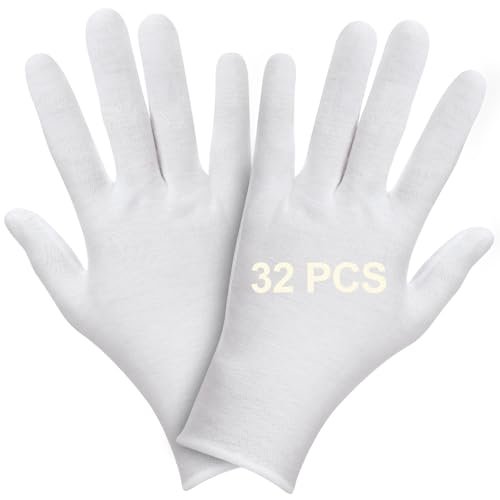FOTKYXH 32-Pack (16 Pairs) Thin White Gloves for Dry Hands Sleeping - Breathable Cotton-Like Polyester with Elastic Cuff for Overnight Moisturizing, Eczema, Spa, Work, Inspection - görsel 2
