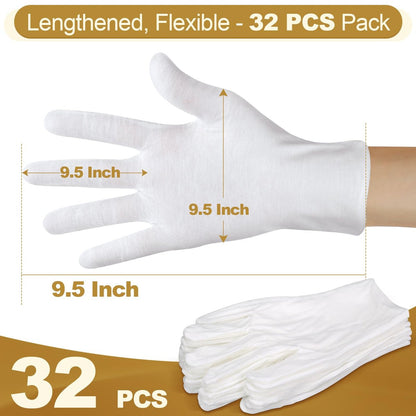 FOTKYXH 32-Pack (16 Pairs) Thin White Gloves for Dry Hands Sleeping - Breathable Cotton-Like Polyester with Elastic Cuff for Overnight Moisturizing, Eczema, Spa, Work, Inspection