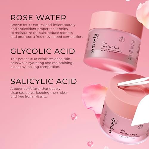 Yepoda The Porefect Pad - Exfoliating Rose Water AHA, BHA & PHA Toner Pads - Gently Exfoliating & Pore Refining - Vegan Korean Toner Pads for All Skin Types - 60 Pads (4.05 FL. OZ.) Avelisse