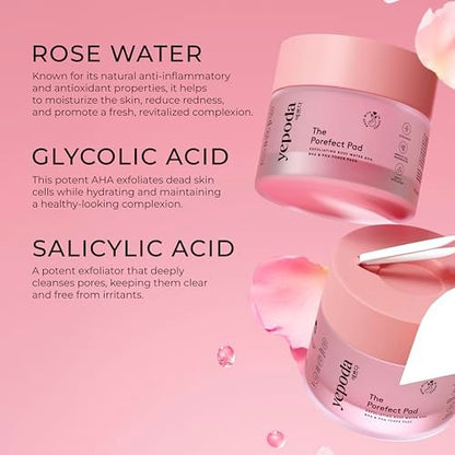 Yepoda The Porefect Pad - Exfoliating Rose Water AHA, BHA & PHA Toner Pads - Gently Exfoliating & Pore Refining - Vegan Korean Toner Pads for All Skin Types - 60 Pads (4.05 FL. OZ.) Avelisse
