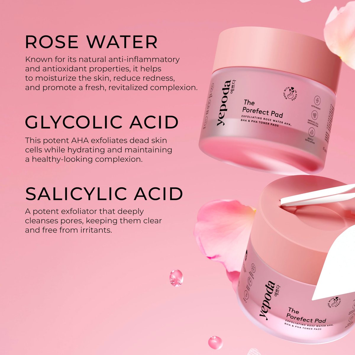 Yepoda The Porefect Pad - Exfoliating Rose Water AHA, BHA & PHA Toner Pads - Gently Exfoliating & Pore Refining - Vegan Korean Toner Pads for All Skin Types - 60 Pads (4.05 FL. OZ.) Avelisse