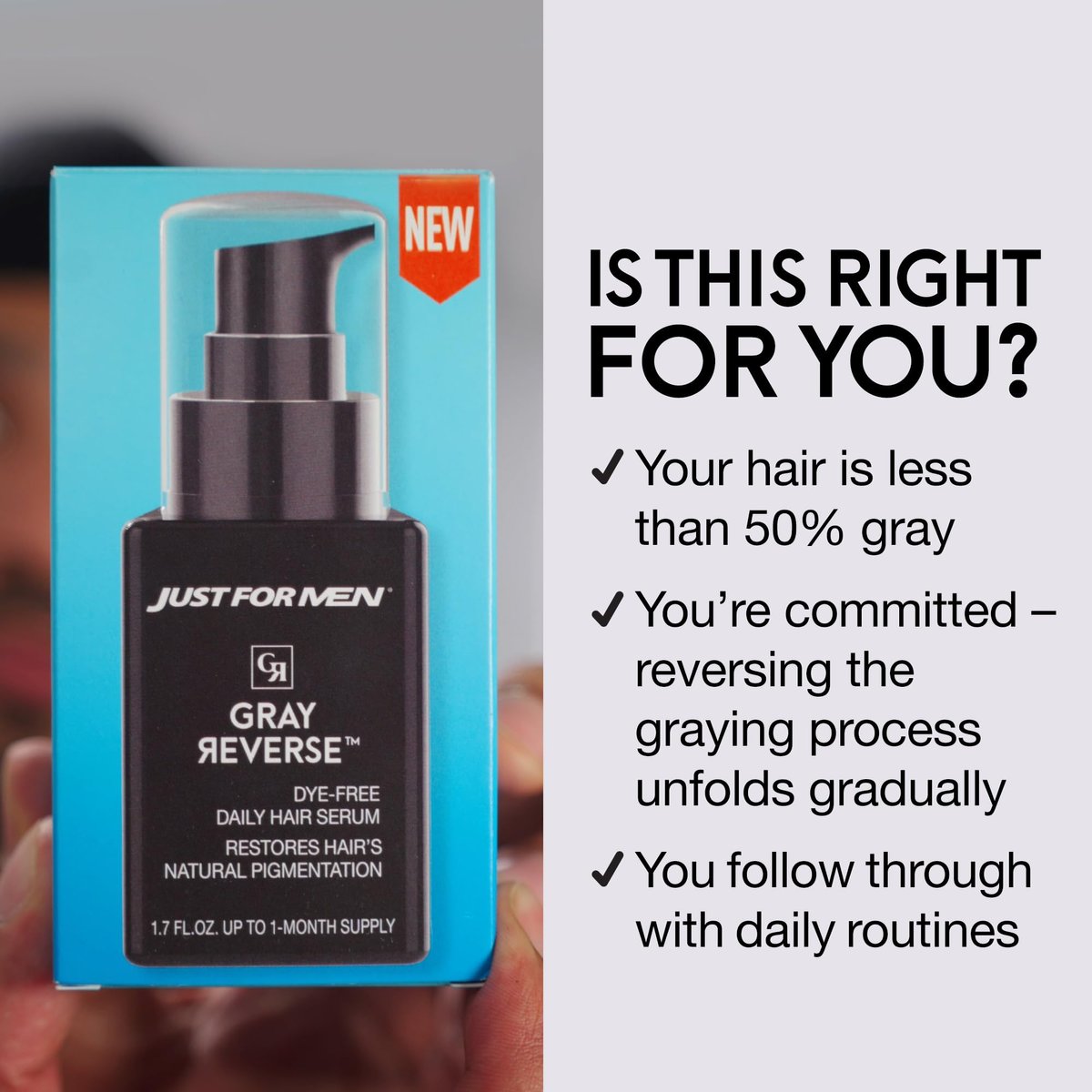 Just for Men Gray Reverse Daily Hair Serum – Gradually Reduces Gray Hair, Easy Dye-Free Formula, Travel-Friendly, 1.7 oz - görsel 7