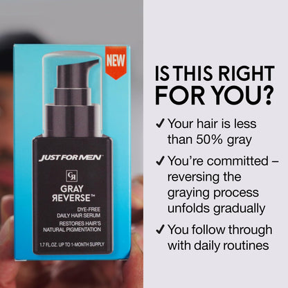 Just for Men Gray Reverse Daily Hair Serum – Gradually Reduces Gray Hair, Easy Dye-Free Formula, Travel-Friendly, 1.7 oz