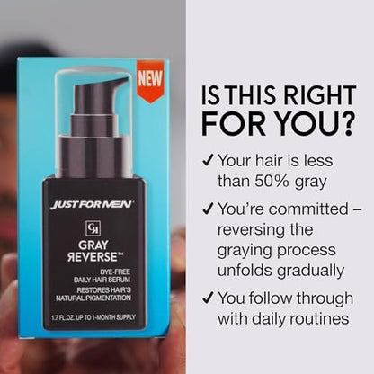 Just for Men Gray Reverse Daily Hair Serum – Gradually Reduces Gray Hair, Easy Dye-Free Formula, Travel-Friendly, 1.7 oz