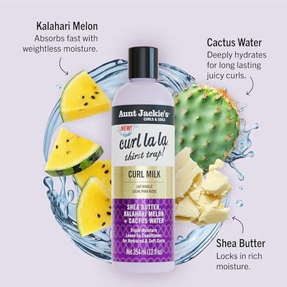 Aunt Jackie's Curls & Coils Curl La La Thirst Trap Curl Milk - Triple Moisture Leave-In Conditioner for Hydrated and Soft Curls, 12 fl oz
