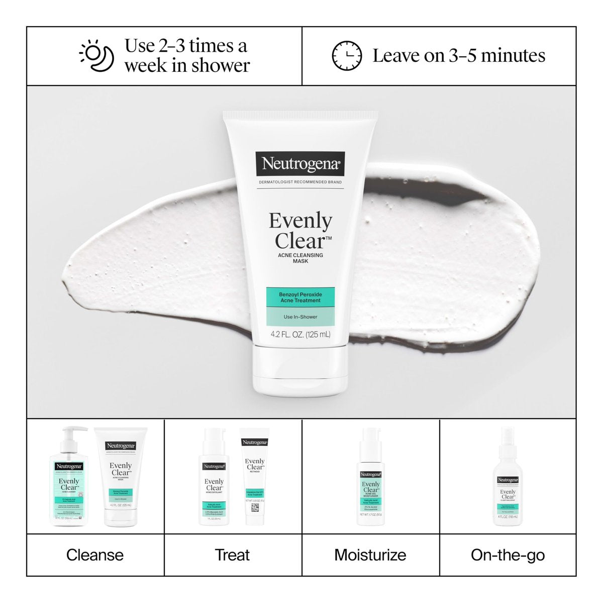 Neutrogena Evenly Clear Acne Cleansing Face Mask with 3.5% Benzoyl Peroxide & Bentonite Clay, Purifying Clay Mask Absorbs Oil to Visibly Improve Skin, 4.2 fl. oz - görsel 11