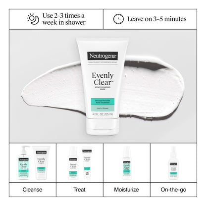 Neutrogena Evenly Clear Acne Cleansing Face Mask with 3.5% Benzoyl Peroxide & Bentonite Clay, Purifying Clay Mask Absorbs Oil to Visibly Improve Skin, 4.2 fl. oz
