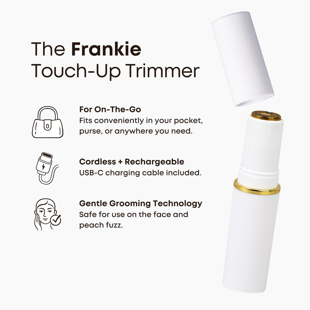 Bushbalm Touch-Up Trimmer for Face - Painless Facial Hair Remover for Peach Fuzz & Fine Hairs - Waterproof Cordless Rechargeable Grooming Tool with LED Light - Frankie Avelisse