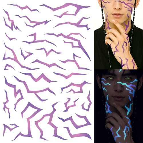 UV Glow Pattern Temporary Tattoos | 3 Sheets Purple Demon Energy | Blacklight Activated Neon Blue | Hunter Cosplay Fake Tat Stickers for Kids, Birthday, Glow Party, Halloween - görsel 2