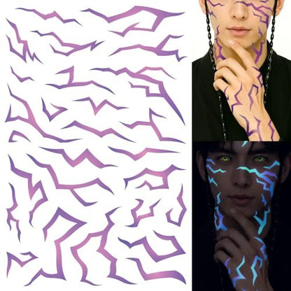 UV Glow Pattern Temporary Tattoos | 3 Sheets Purple Demon Energy | Blacklight Activated Neon Blue | Hunter Cosplay Fake Tat Stickers for Kids, Birthday, Glow Party, Halloween