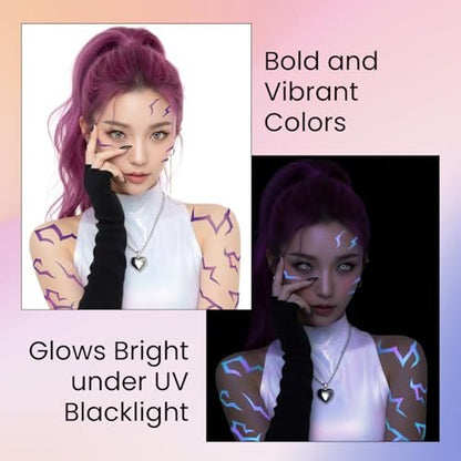 UV Glow Pattern Temporary Tattoos | 3 Sheets Purple Demon Energy | Blacklight Activated Neon Blue | Hunter Cosplay Fake Tat Stickers for Kids, Birthday, Glow Party, Halloween