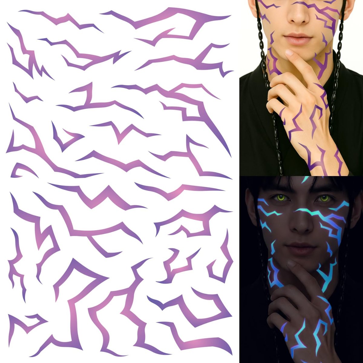 UV Glow Pattern Temporary Tattoos | 3 Sheets Purple Demon Energy | Blacklight Activated Neon Blue | Hunter Cosplay Fake Tat Stickers for Kids, Birthday, Glow Party, Halloween - görsel 1