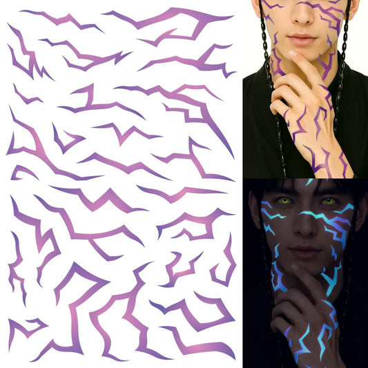 UV Glow Pattern Temporary Tattoos | 3 Sheets Purple Demon Energy | Blacklight Activated Neon Blue | Hunter Cosplay Fake Tat Stickers for Kids, Birthday, Glow Party, Halloween