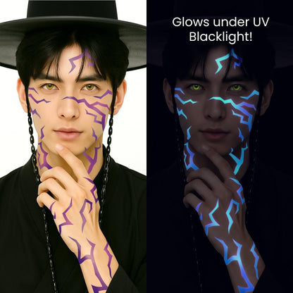 UV Glow Pattern Temporary Tattoos | 3 Sheets Purple Demon Energy | Blacklight Activated Neon Blue | Hunter Cosplay Fake Tat Stickers for Kids, Birthday, Glow Party, Halloween