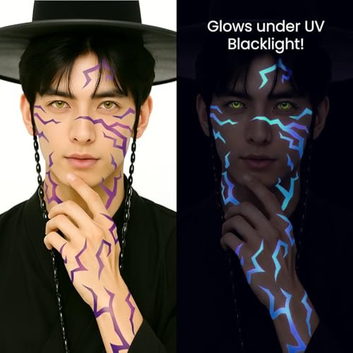 UV Glow Pattern Temporary Tattoos | 3 Sheets Purple Demon Energy | Blacklight Activated Neon Blue | Hunter Cosplay Fake Tat Stickers for Kids, Birthday, Glow Party, Halloween - görsel 8