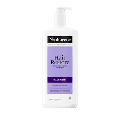 Neutrogena Hair Restore Strength + Purity Shampoo, Exfoliating Hair Wash with 1.5% Mandelic Acid, Gently Removes 97% of Buildup & Reduces Shedding due to Breakage, Paraben-Free, 13 fl oz