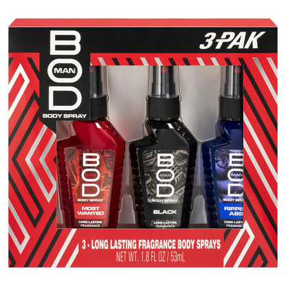 BOD man Body Spray Gift Set - Black, Really Ripped Abs, Most Wanted (3-Piece) 1 Fl Oz Each