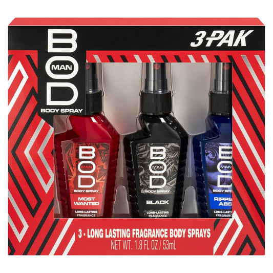 BOD man Body Spray Gift Set - Black, Really Ripped Abs, Most Wanted (3-Piece) 1 Fl Oz Each