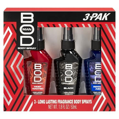 BOD man Body Spray Gift Set - Black, Really Ripped Abs, Most Wanted (3-Piece) 1 Fl Oz Each