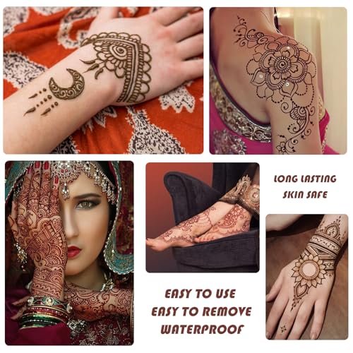 PFARRER Temporary Tattoos Stencils Kit - 6 Pcs 3 Color (3 Brown, 2 Black, 1 Red) Ink with Gloves, DIY Body Art Painting for Women Men Adults Avelisse