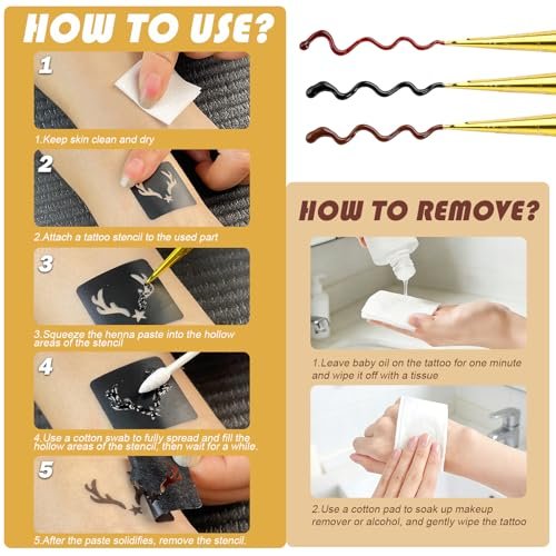 PFARRER Temporary Tattoos Stencils Kit - 6 Pcs 3 Color (3 Brown, 2 Black, 1 Red) Ink with Gloves, DIY Body Art Painting for Women Men Adults Avelisse