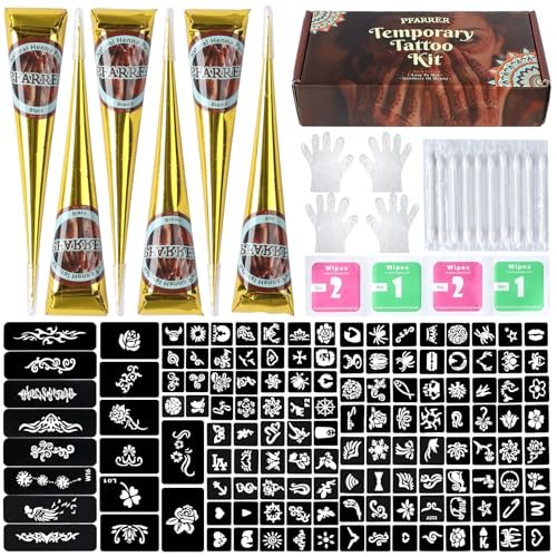 PFARRER Temporary Tattoos Stencils Kit - 6 Pcs 3 Color (3 Brown, 2 Black, 1 Red) Ink with Gloves, DIY Body Art Painting for Women Men Adults Avelisse