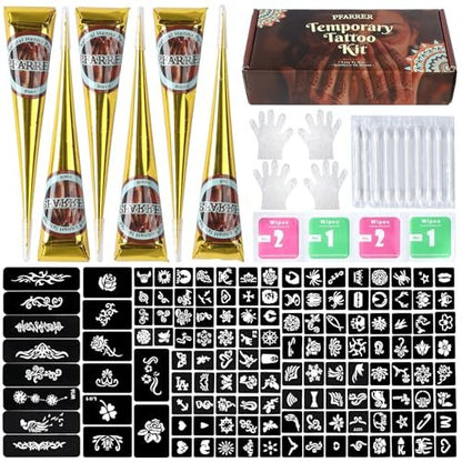 PFARRER Temporary Tattoos Stencils Kit - 6 Pcs 3 Color (3 Brown, 2 Black, 1 Red) Ink with Gloves, DIY Body Art Painting for Women Men Adults Avelisse