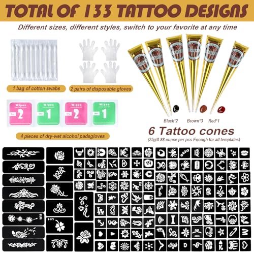 PFARRER Temporary Tattoos Stencils Kit - 6 Pcs 3 Color (3 Brown, 2 Black, 1 Red) Ink with Gloves, DIY Body Art Painting for Women Men Adults Avelisse