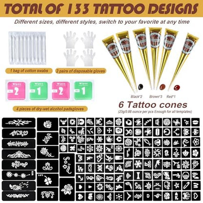 PFARRER Temporary Tattoos Stencils Kit - 6 Pcs 3 Color (3 Brown, 2 Black, 1 Red) Ink with Gloves, DIY Body Art Painting for Women Men Adults Avelisse