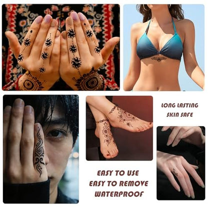 PFARRER Temporary Tattoos Stencils Kit - 6 Pcs 3 Color (3 Brown, 2 Black, 1 Red) Ink with Gloves, DIY Body Art Painting for Women Men Adults Avelisse