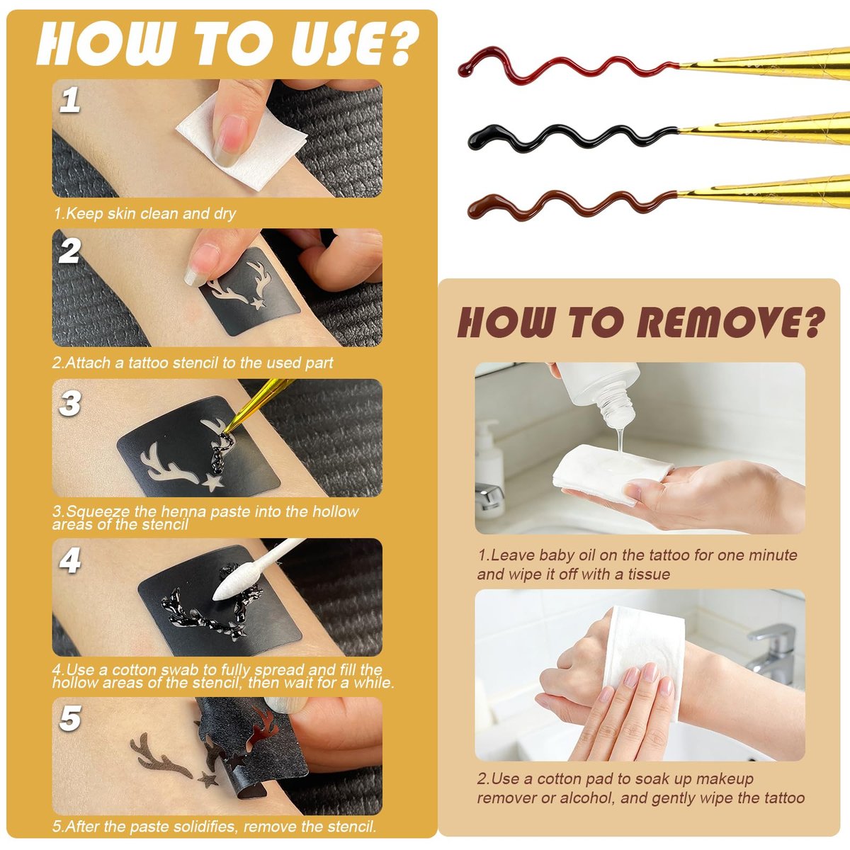 PFARRER Temporary Tattoos Stencils Kit - 6 Pcs 3 Color (3 Brown, 2 Black, 1 Red) Ink with Gloves, DIY Body Art Painting for Women Men Adults Avelisse