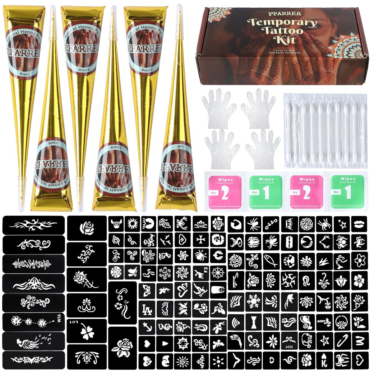 PFARRER Temporary Tattoos Stencils Kit - 6 Pcs 3 Color (3 Brown, 2 Black, 1 Red) Ink with Gloves, DIY Body Art Painting for Women Men Adults Avelisse