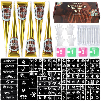 PFARRER Temporary Tattoos Stencils Kit - 6 Pcs 3 Color (3 Brown, 2 Black, 1 Red) Ink with Gloves, DIY Body Art Painting for Women Men Adults Avelisse