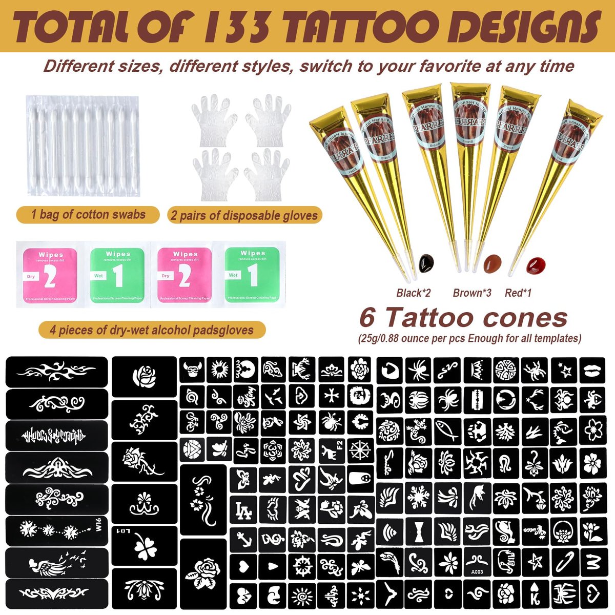 PFARRER Temporary Tattoos Stencils Kit - 6 Pcs 3 Color (3 Brown, 2 Black, 1 Red) Ink with Gloves, DIY Body Art Painting for Women Men Adults Avelisse
