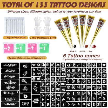 PFARRER Temporary Tattoos Stencils Kit - 6 Pcs 3 Color (3 Brown, 2 Black, 1 Red) Ink with Gloves, DIY Body Art Painting for Women Men Adults Avelisse