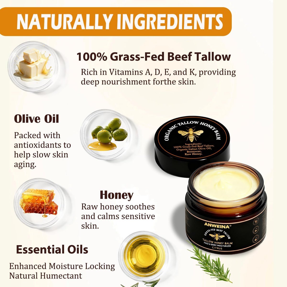 Organic Grass-Fed Beef Tallow Balm for Face and Body – Natural Tallow and Honey Moisturizer (2 oz) - görsel 7