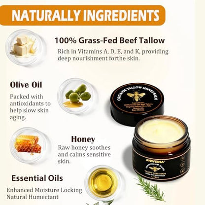 Organic Grass-Fed Beef Tallow Balm for Face and Body – Natural Tallow and Honey Moisturizer (2 oz)