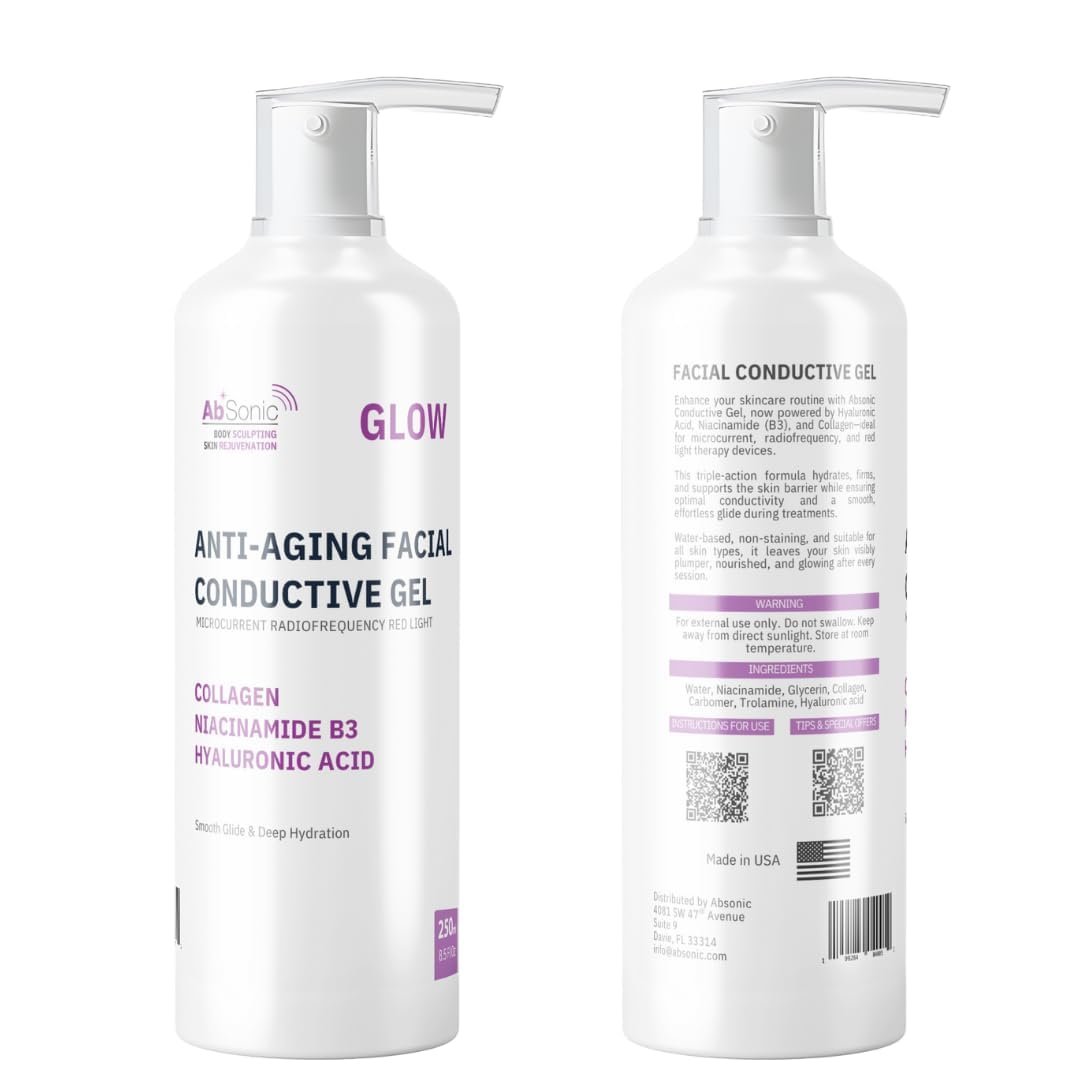 Absonic Glow Microcurrent Conductive Gel for Face — with Hyaluronic Acid, Collagen & Niacinamide B3, Compatible with NuFace, LED, RF & Red Light Devices, 8.5 oz, Made in USA Avelisse