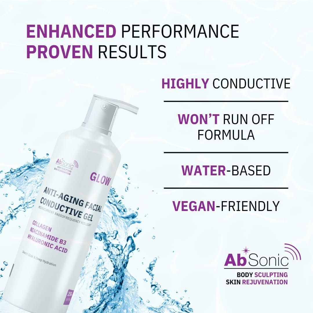 Absonic Glow Microcurrent Conductive Gel for Face — with Hyaluronic Acid, Collagen & Niacinamide B3, Compatible with NuFace, LED, RF & Red Light Devices, 8.5 oz, Made in USA Avelisse
