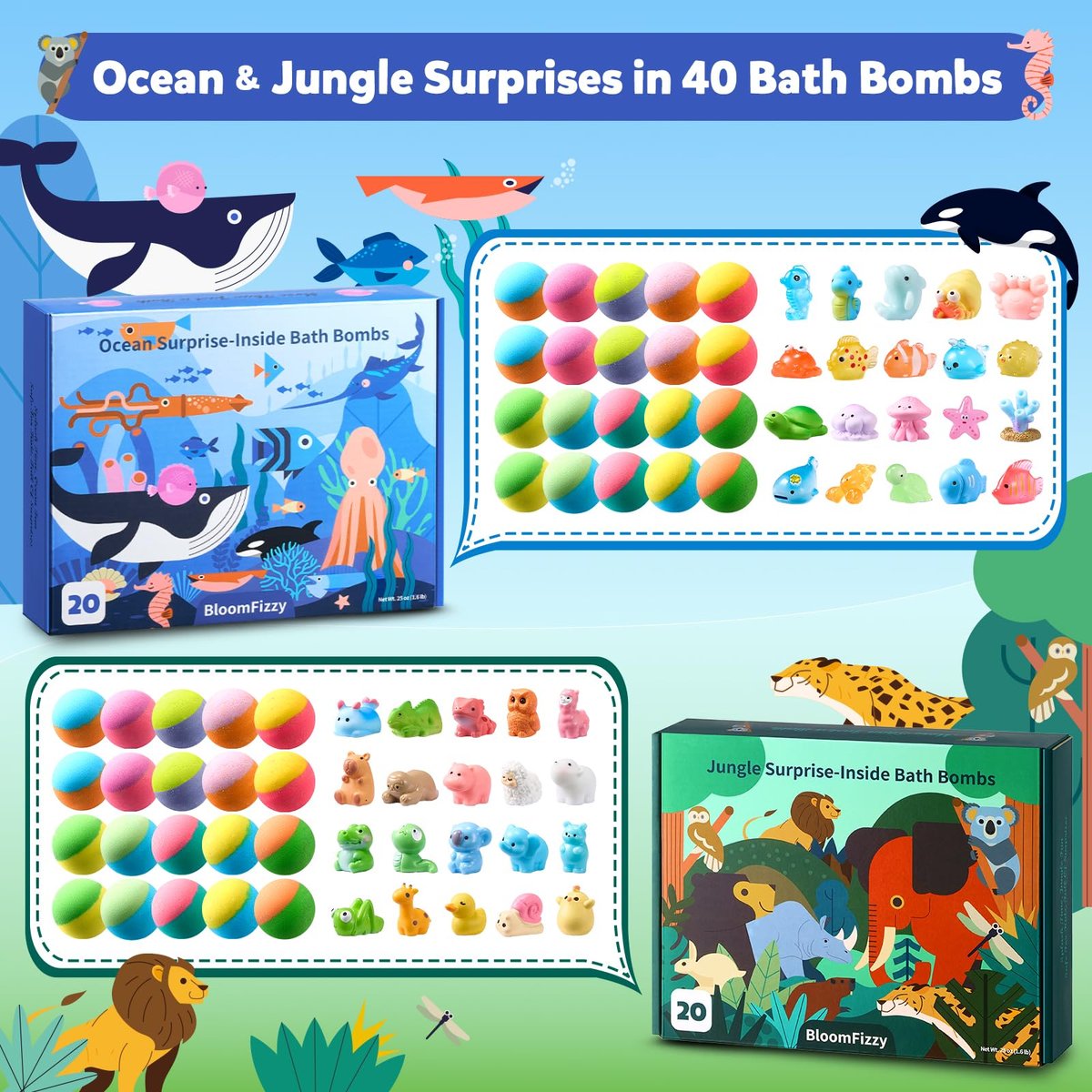 BloomFizzy 40 Kids Bath Bombs with Surprise Inside - Ocean & Jungle Animal Toy Sets, Natural Child-Safe Ingredients, Travel-Friendly, Great for Birthdays, Christmas & Easter Avelisse
