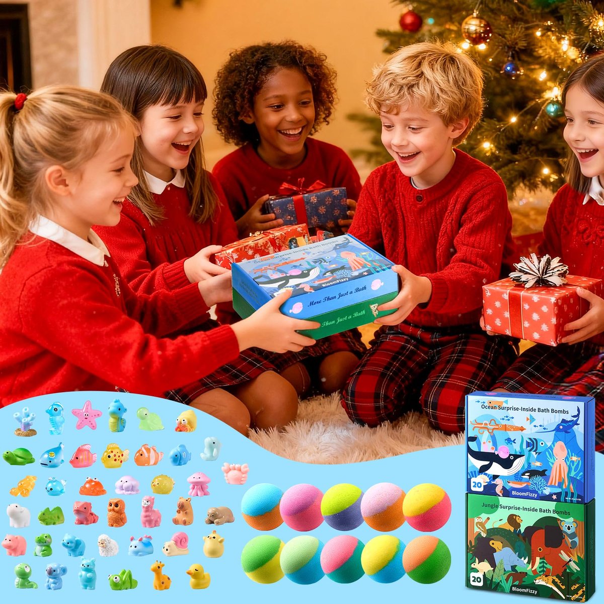 BloomFizzy 40 Kids Bath Bombs with Surprise Inside - Ocean & Jungle Animal Toy Sets, Natural Child-Safe Ingredients, Travel-Friendly, Great for Birthdays, Christmas & Easter Avelisse