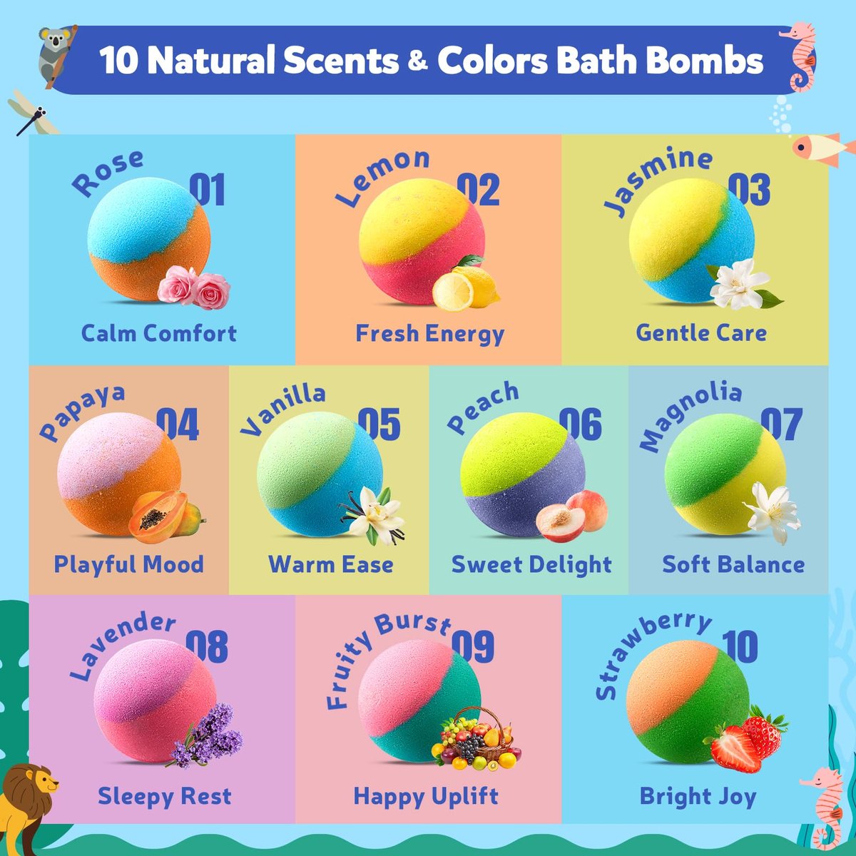 BloomFizzy 40 Kids Bath Bombs with Surprise Inside - Ocean & Jungle Animal Toy Sets, Natural Child-Safe Ingredients, Travel-Friendly, Great for Birthdays, Christmas & Easter Avelisse