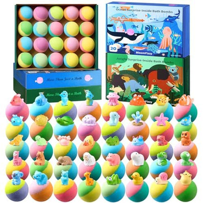 BloomFizzy 40 Kids Bath Bombs with Surprise Inside - Ocean & Jungle Animal Toy Sets, Natural Child-Safe Ingredients, Travel-Friendly, Great for Birthdays, Christmas & Easter Avelisse