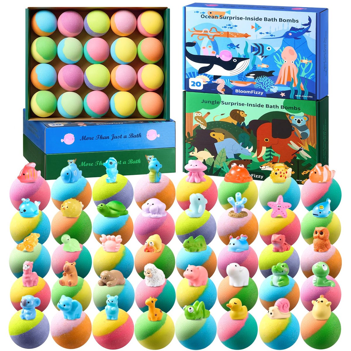 BloomFizzy 40 Kids Bath Bombs with Surprise Inside - Ocean & Jungle Animal Toy Sets, Natural Child-Safe Ingredients, Travel-Friendly, Great for Birthdays, Christmas & Easter Avelisse