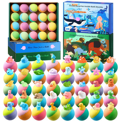 BloomFizzy 40 Kids Bath Bombs with Surprise Inside - Ocean & Jungle Animal Toy Sets, Natural Child-Safe Ingredients, Travel-Friendly, Great for Birthdays, Christmas & Easter Avelisse
