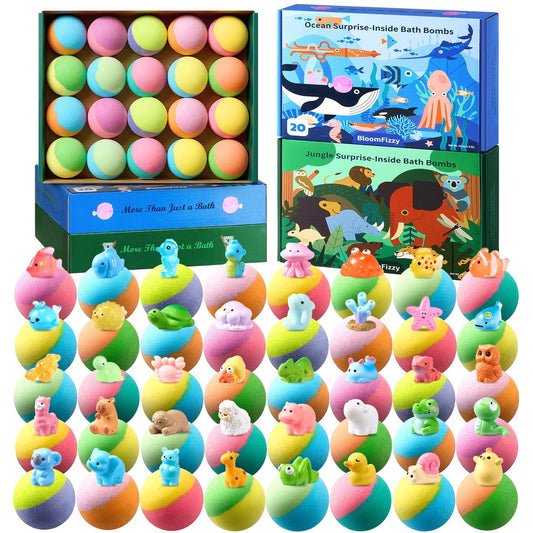 BloomFizzy 40 Kids Bath Bombs with Surprise Inside - Ocean & Jungle Animal Toy Sets, Natural Child-Safe Ingredients, Travel-Friendly, Great for Birthdays, Christmas & Easter Avelisse