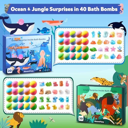 BloomFizzy 40 Kids Bath Bombs with Surprise Inside - Ocean & Jungle Animal Toy Sets, Natural Child-Safe Ingredients, Travel-Friendly, Great for Birthdays, Christmas & Easter Avelisse