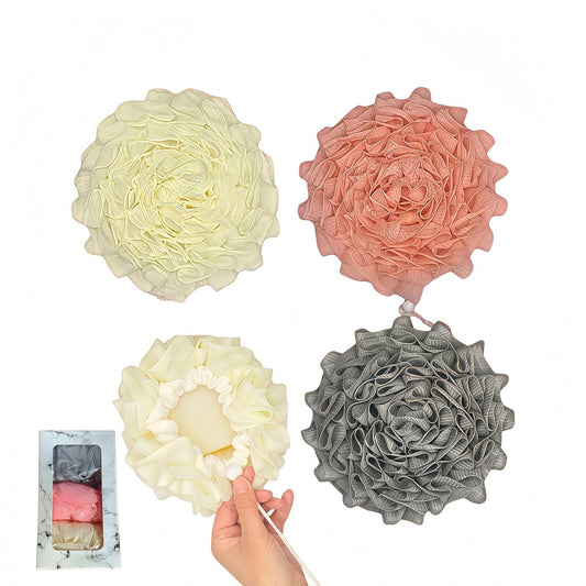 3-Pack Bath Loofah Set with Dual-Sided Shower Puff - Soap Pocket, Hanging Rope, Gift Box - Beige, Pink & Gray