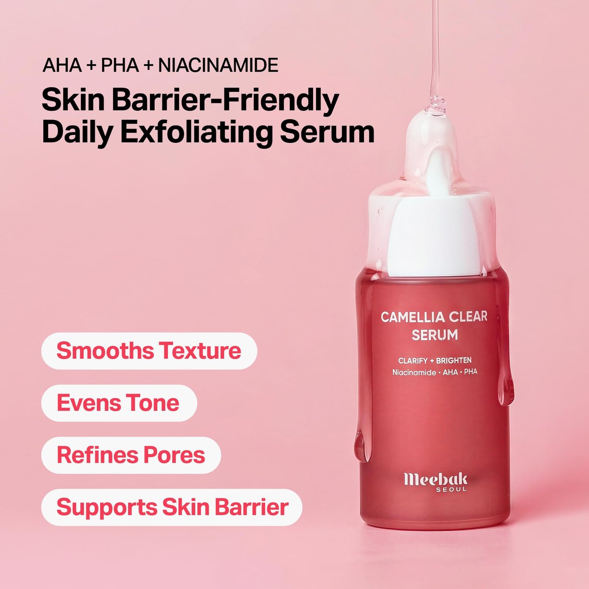 Meebak Camellia Clear Daily Exfoliating Serum – 2% Niacinamide + AHA & PHA, Gentle Chemical Exfoliant for Smooth Texture & Balanced Tone, Hydrating Pore Minimizer, Korean Skincare (1.01 Fl Oz) - görsel 4
